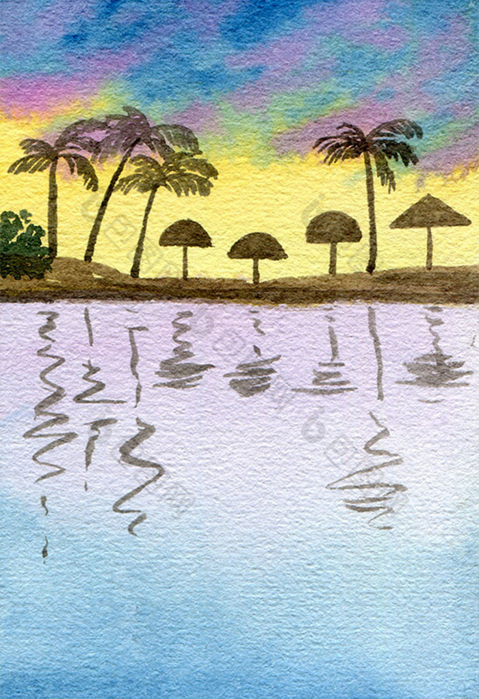 蓝色椰子清新海边背景风景水彩手绘夏日背景