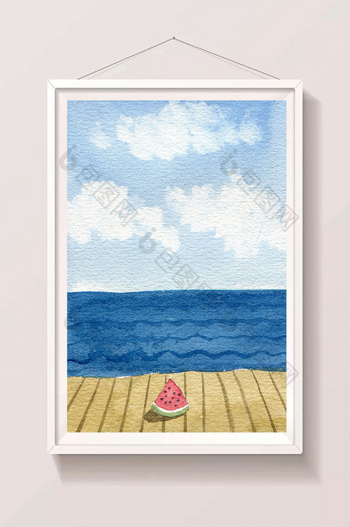 蓝色清新西瓜海边背景风景水彩手绘夏日背景