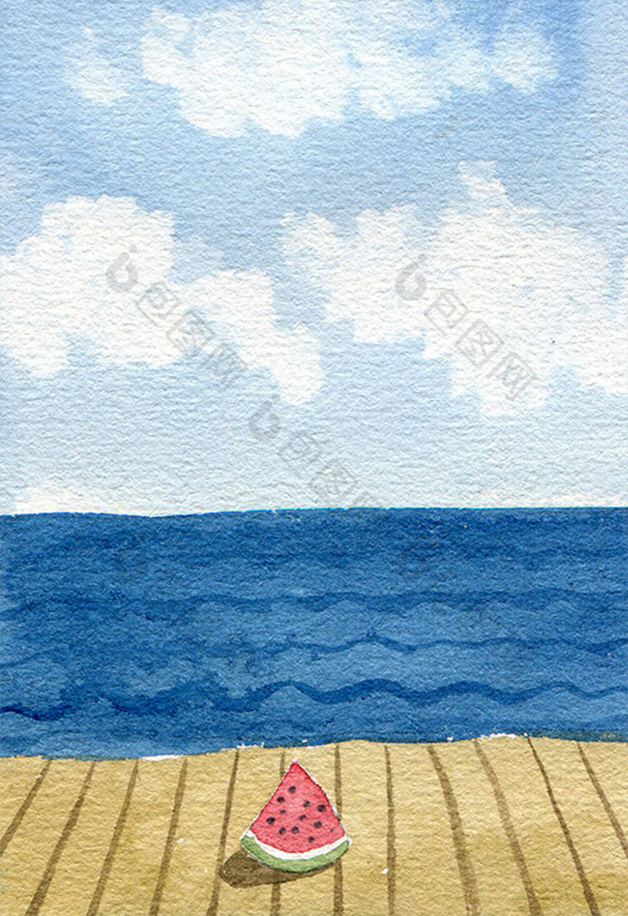 蓝色清新西瓜海边背景风景水彩手绘夏日背景