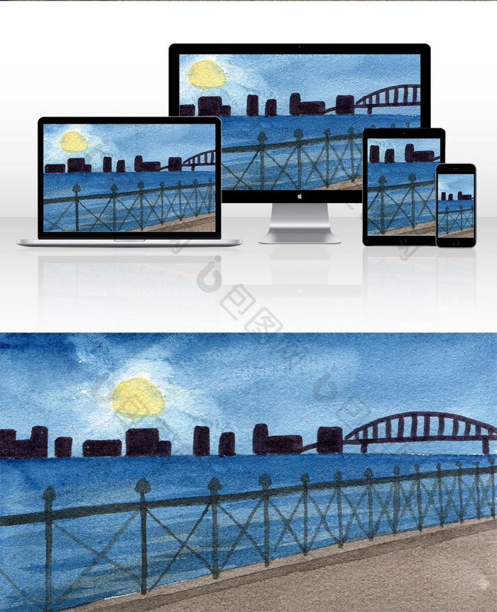 蓝色大海大桥清新水彩手绘背景