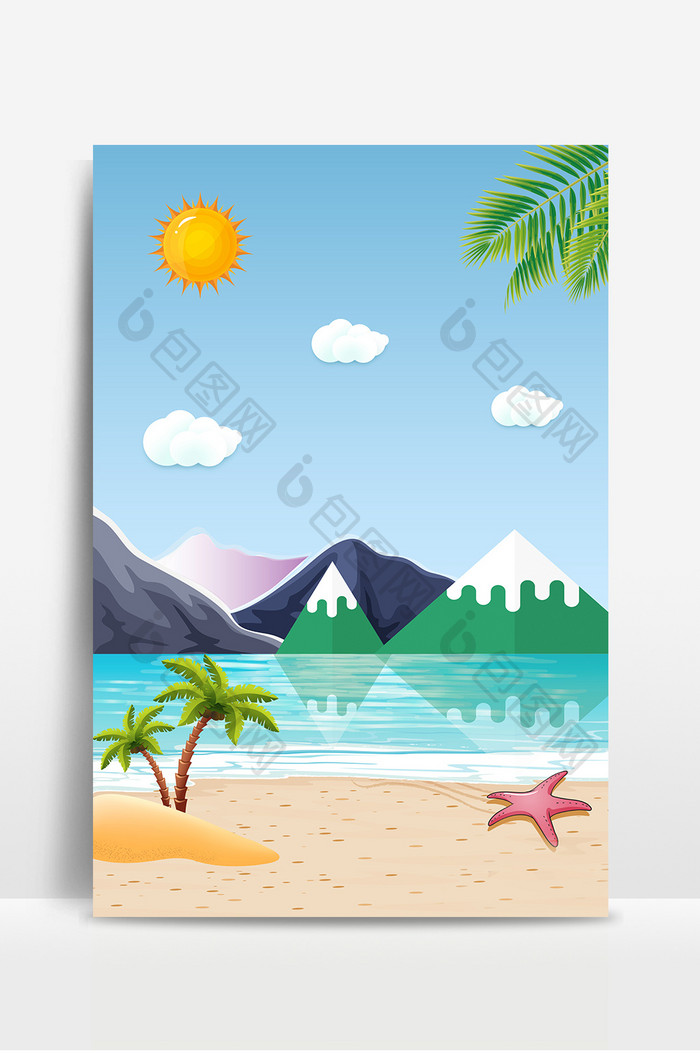 夏日沙滩远山椰树背景图