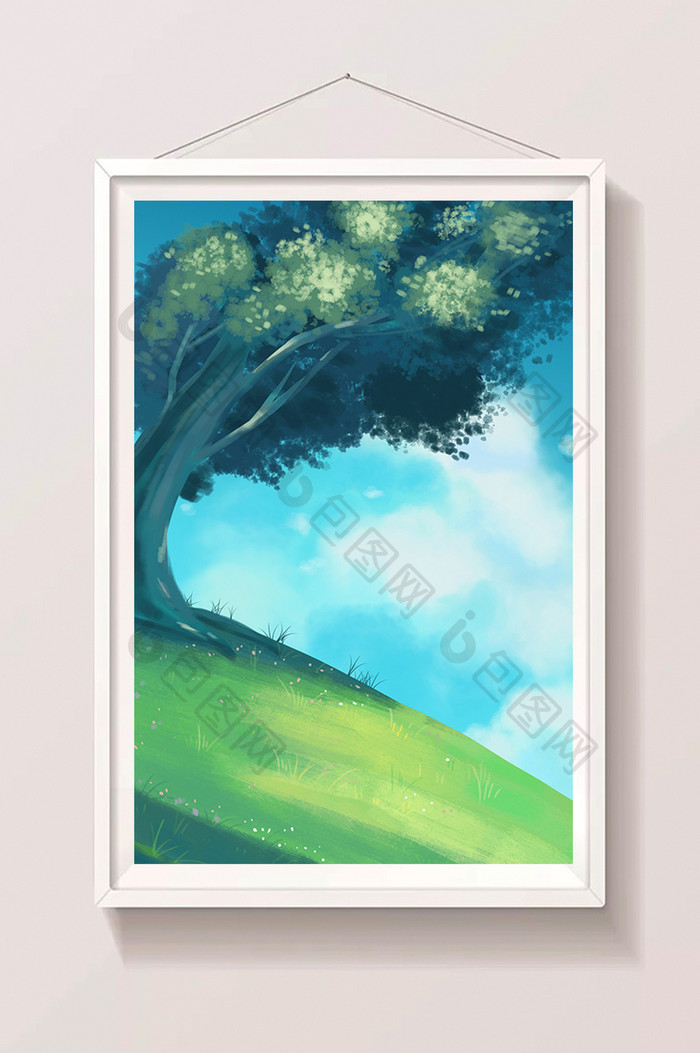 冷色系夏天蓝天白云下的大树和草地手绘插画