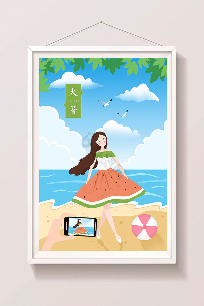 沙滩度假少女西瓜裙拍照插画图片