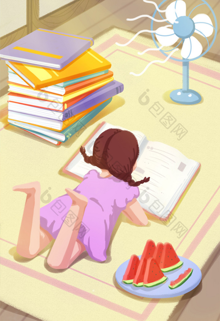 夏日女孩阅读插画