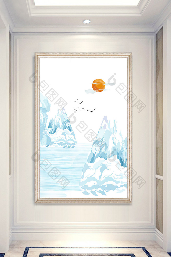 新中式水墨抽象飞鸟冰山太阳玄关画背景墙装