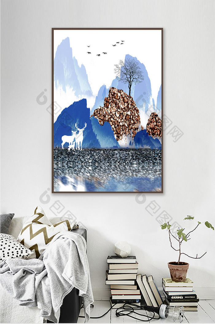 新中式抽象蓝色山水客厅装饰画