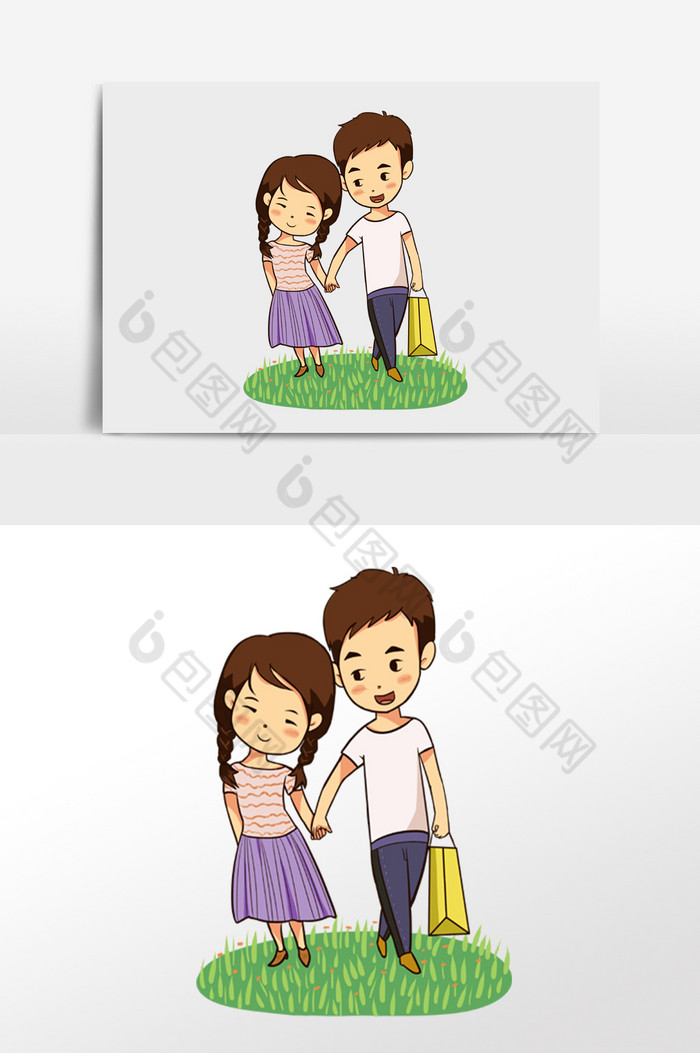 情侣牵手散步插画图片