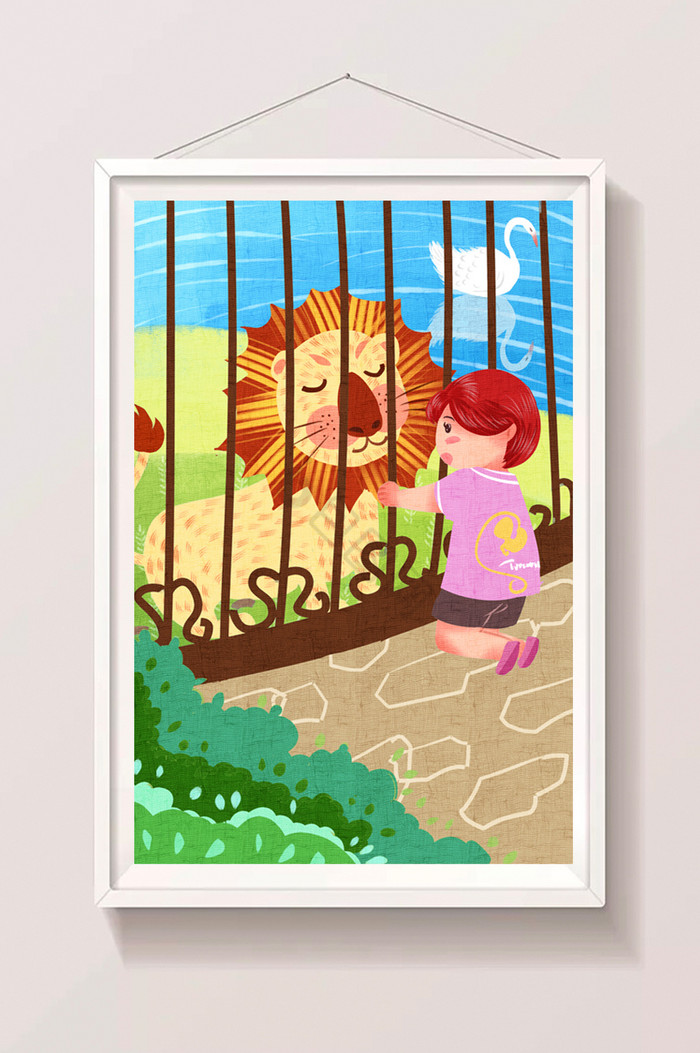 暑假孩子去动物园玩耍插画图片