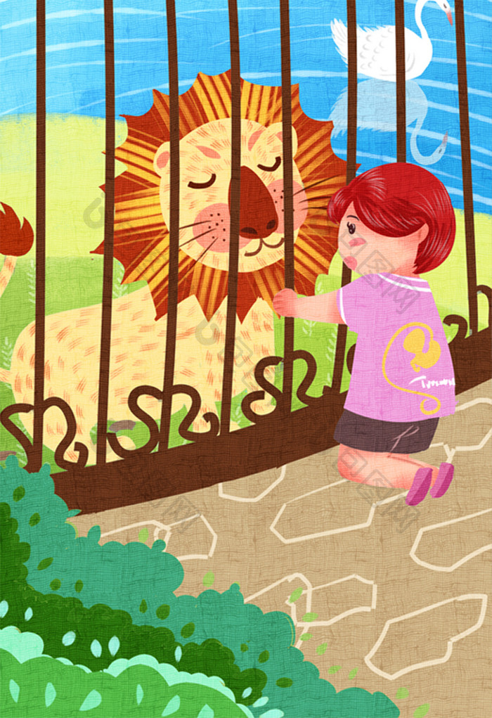 清新可爱暑假孩子去动物园玩耍插画