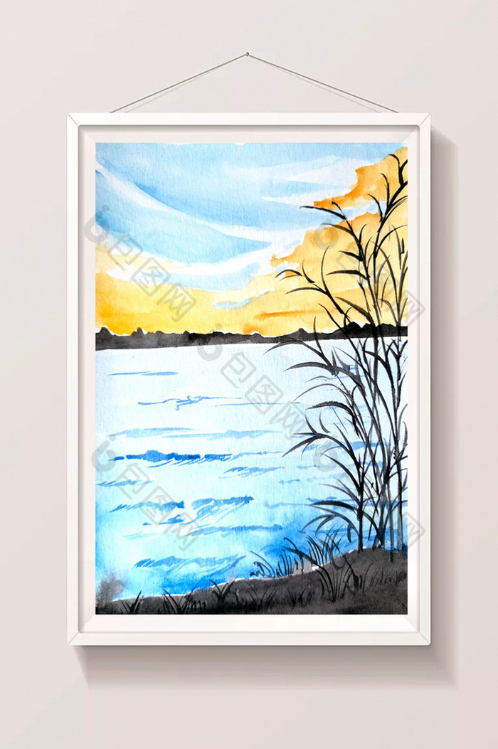 蓝色夏日素材风景大湖清新水彩手绘背景