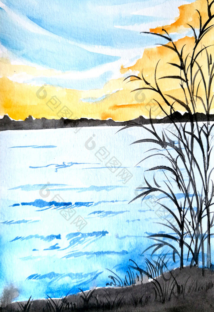 蓝色夏日素材风景大湖清新水彩手绘背景