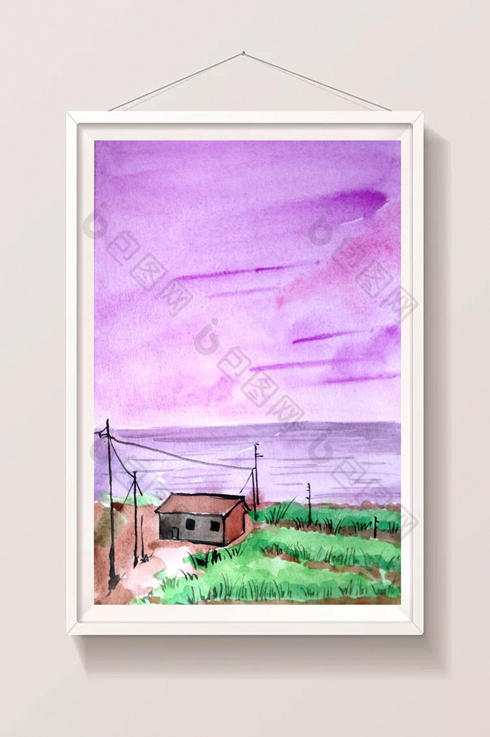 梦幻紫色天空风景清新水彩手绘背景