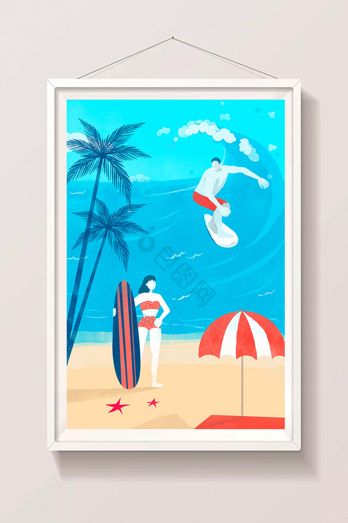 夏日沙滩情侣冲浪插画