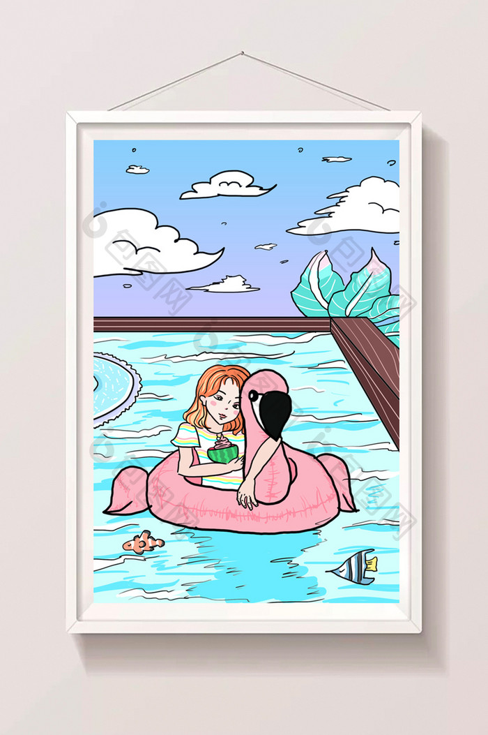 清新大暑暑期生活女孩游泳插画