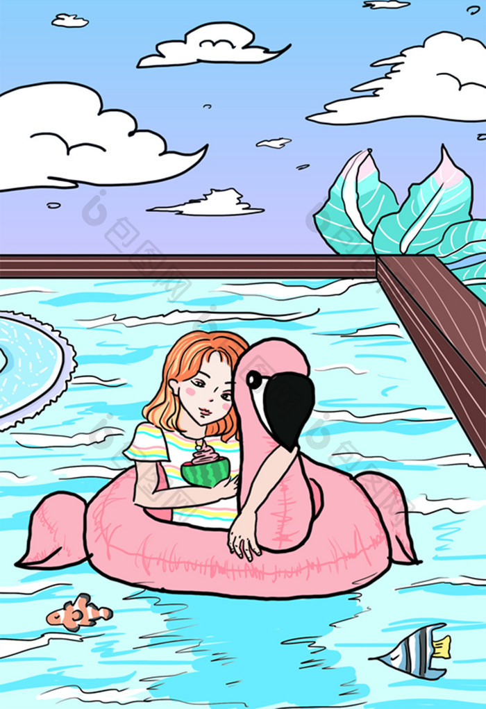 清新大暑暑期生活女孩游泳插画
