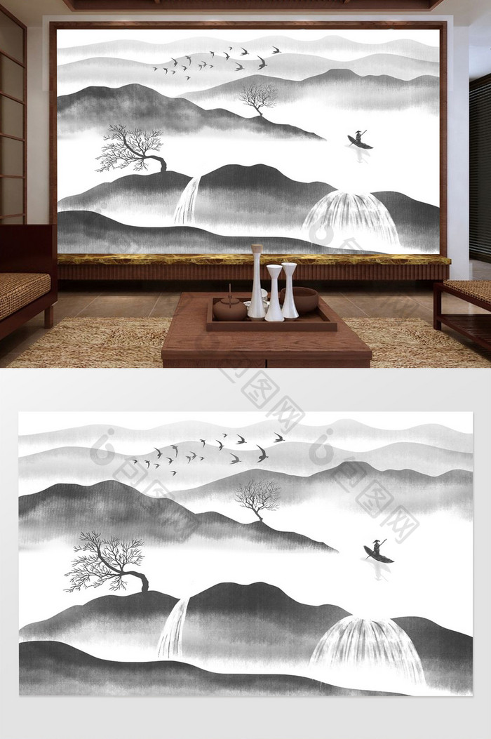 新中式手绘写意黑白山水画背景墙