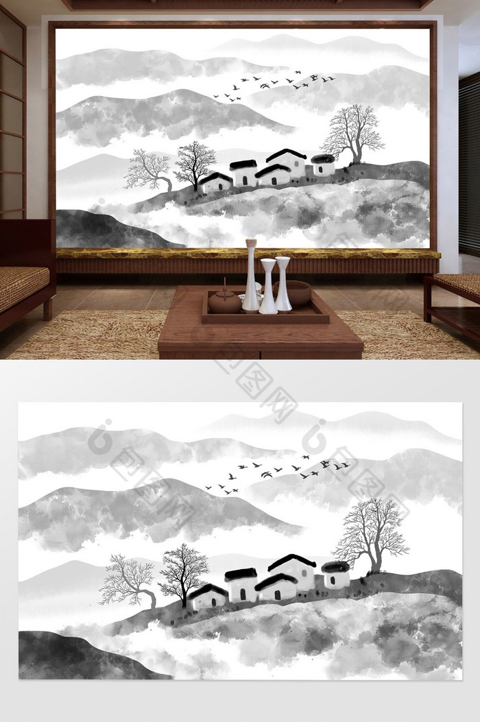 新中式手绘水墨山水风景画背景壁画