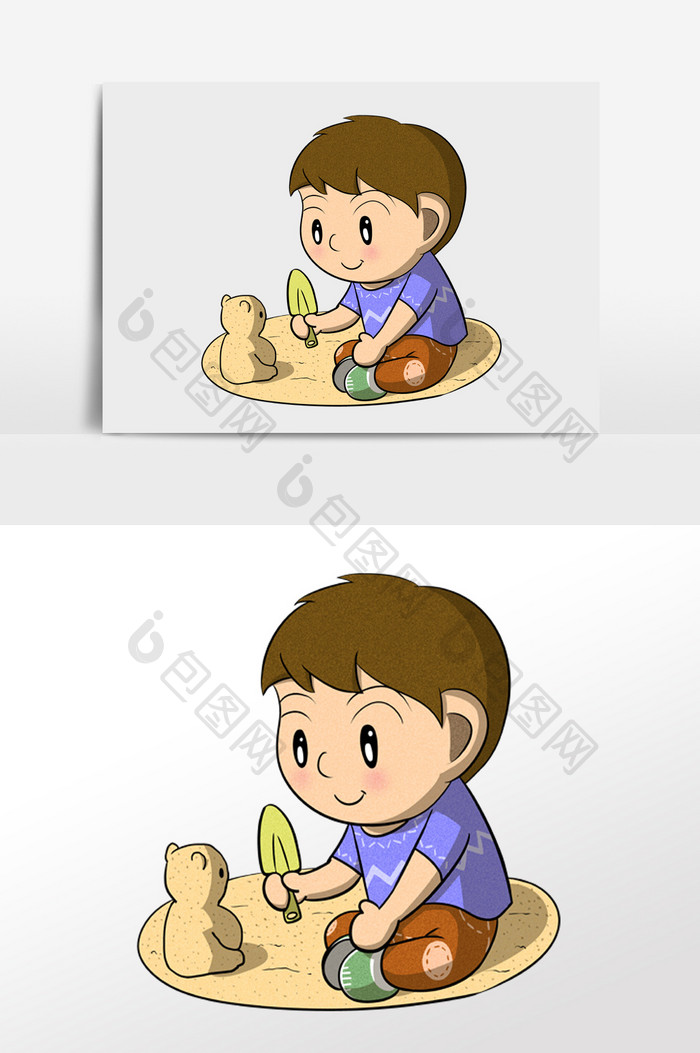 卡通可爱小男孩玩沙土插画元素