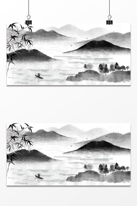 水墨山水竹林场景插画