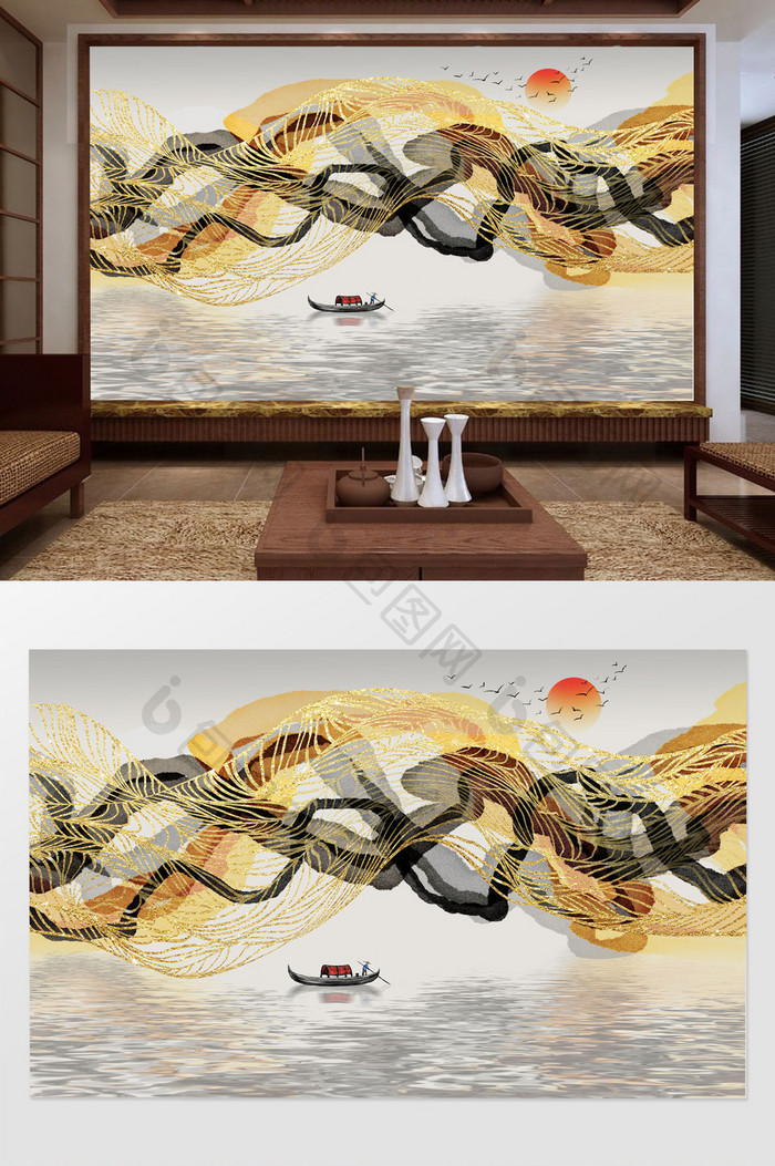 新中式金色写意抽象山水画背景墙