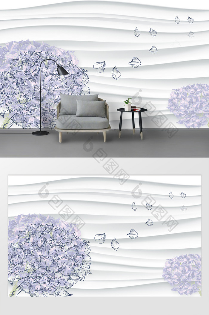 清新简约立体线条紫色花朵电视背景墙
