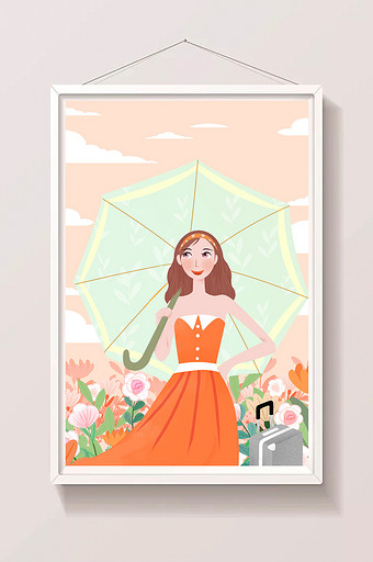 橘色唯美浪漫风度假美女打伞假期暑假插画图片
