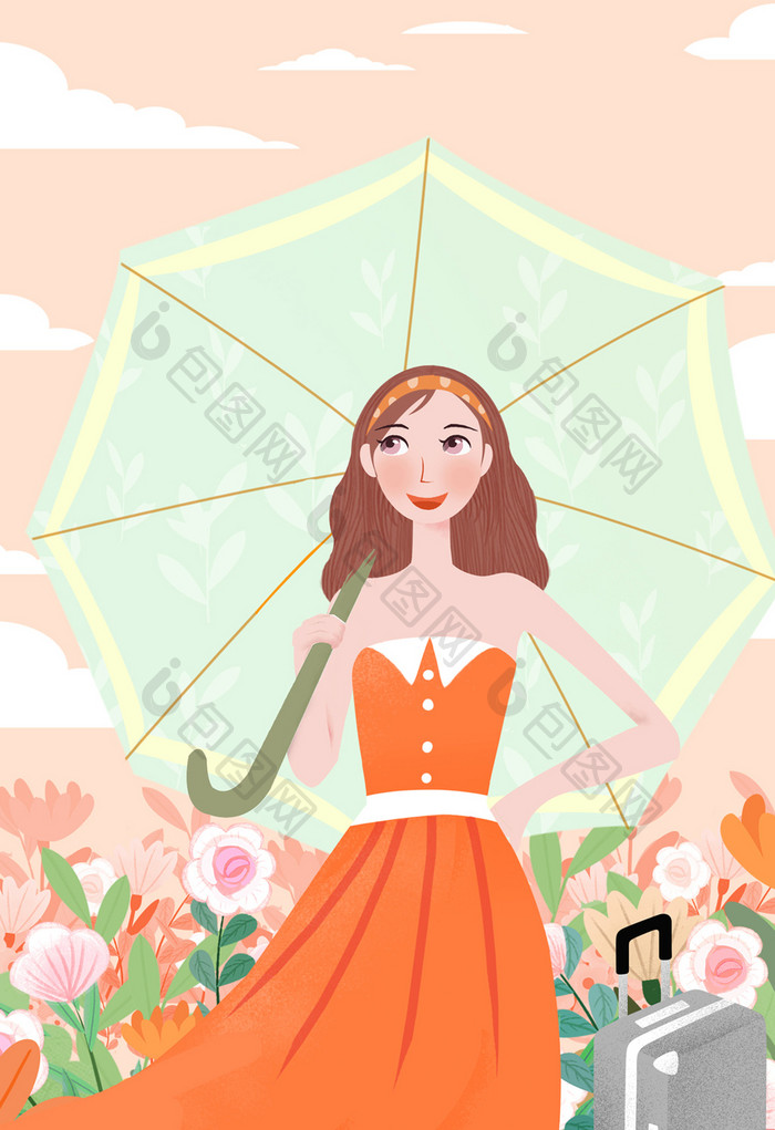 橘色唯美浪漫风度假美女打伞假期暑假插画