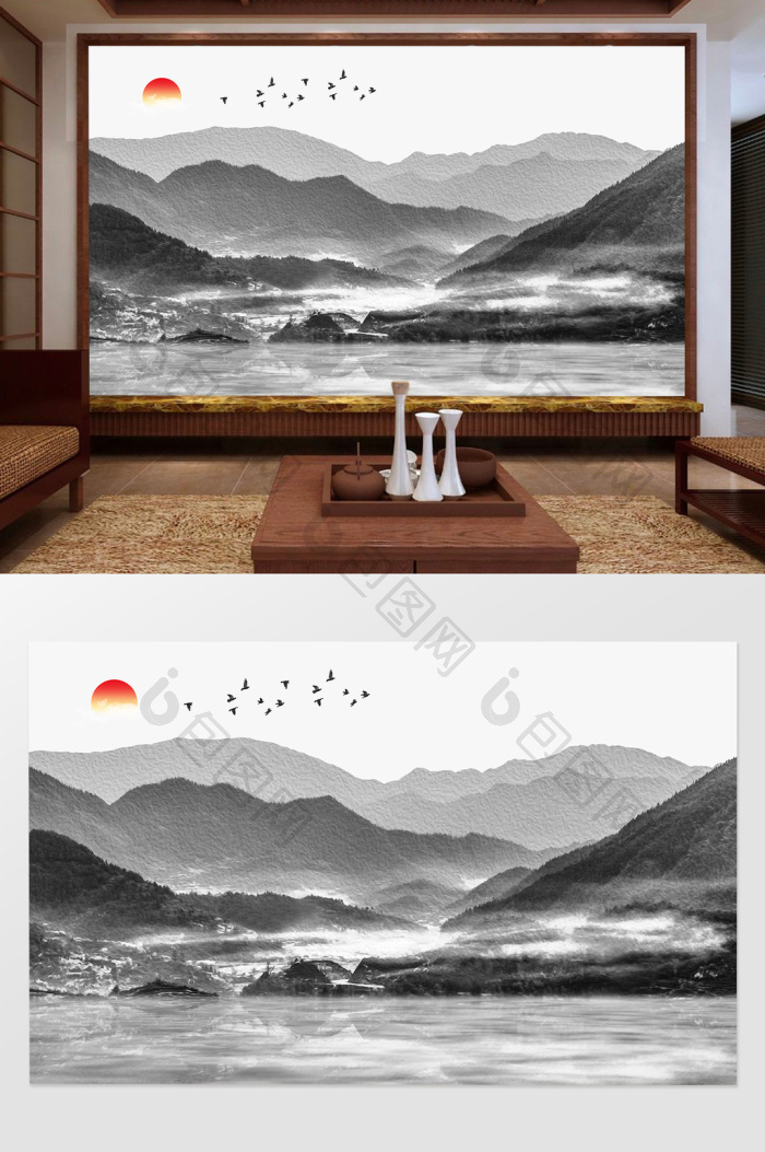 新中式远山飞鸟水墨山水背景墙效果图-【包图网】