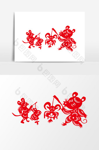红色十二生肖剪纸老鼠玩花灯矢量元素图片