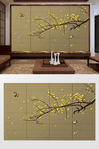 新中式古典屏风式银杏落叶背景墙图片