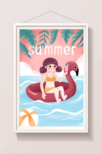 清新夏日大暑游泳暑假儿童插画图片