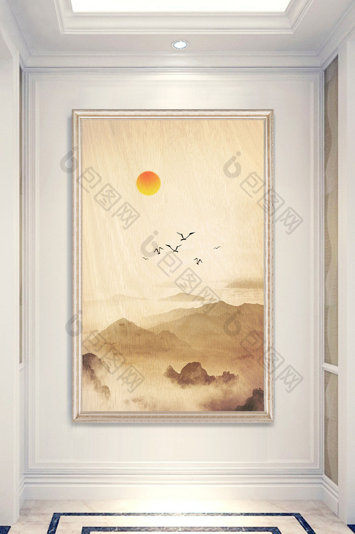 新中式诗意水墨高山群鸟远景玄关画装饰定制