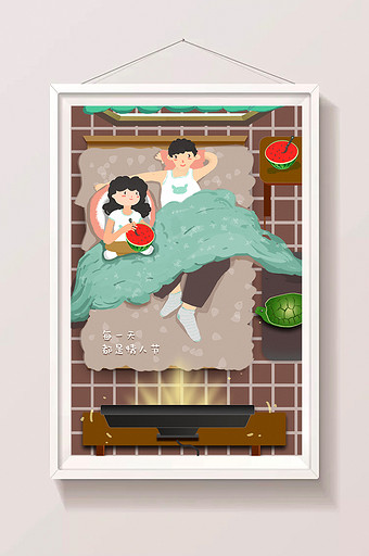 清新卧室躺着看电视的情侣卡通插画图片