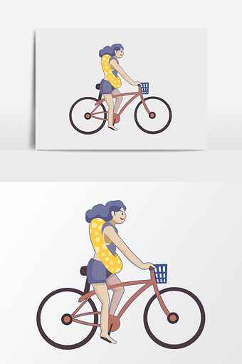卡通手绘漫画美女自行车游泳圈图片