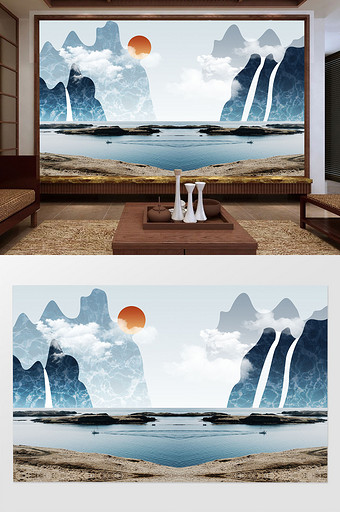 创意中式意境山水画海边风景背景墙图片