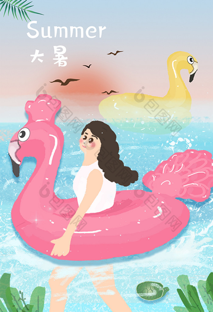 清凉唯美夏天可爱少女沙滩游泳卡通手绘插画