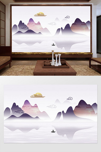 新中式简约抽象意境山水画背景墙图片