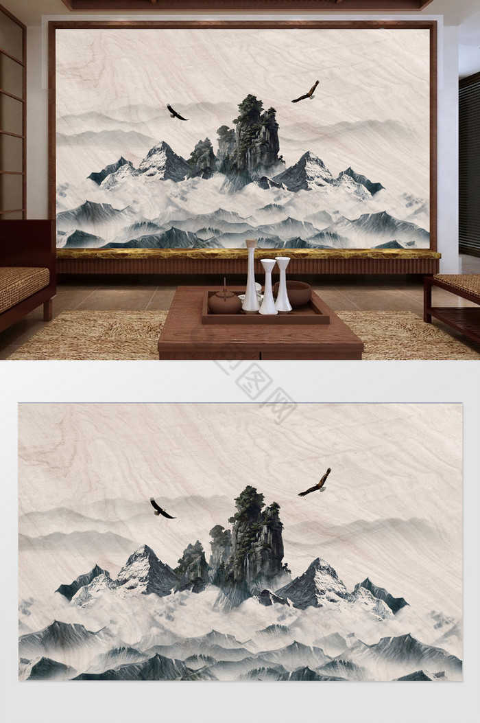 新中式诗意高峰山顶浓雾雄鹰展翅背景墙装饰图片