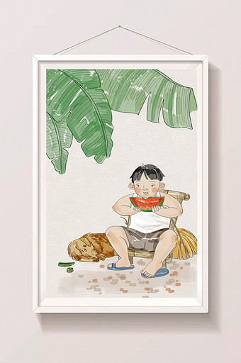 唯美清新二十四节气大暑中国风小孩吃西瓜插图片