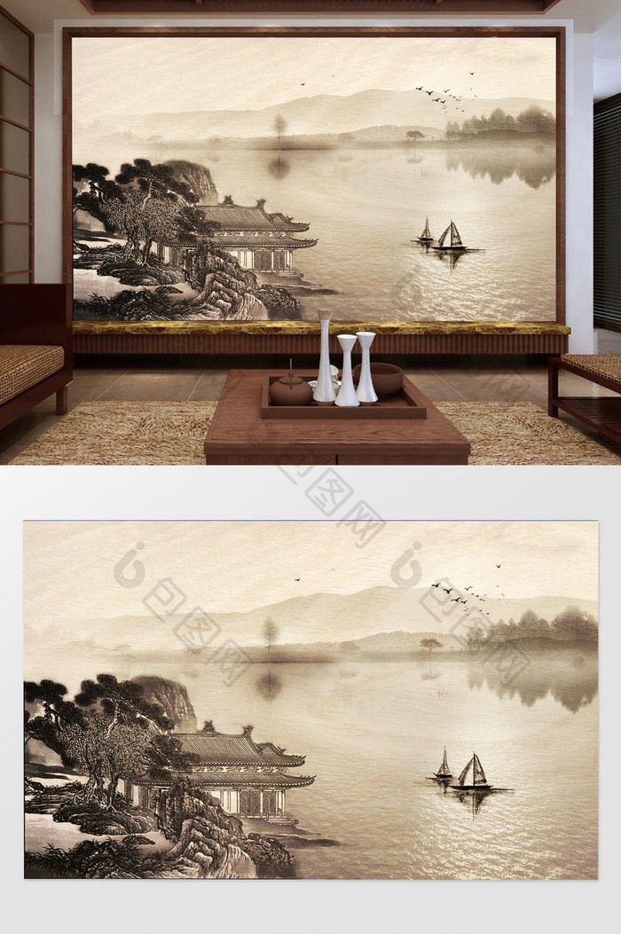 新中式诗意小舟湖心远山倒影房屋背景墙装饰