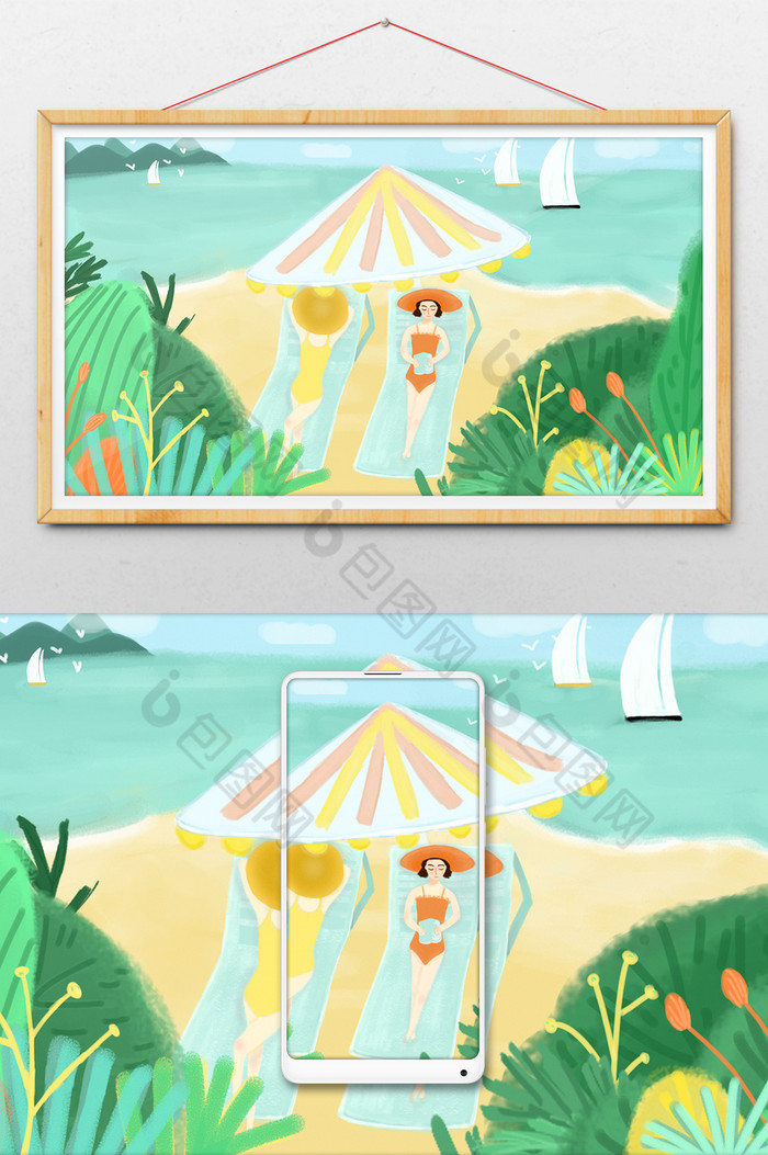 糖果色夏日狂欢海边游玩沙滩美女插画图片图片