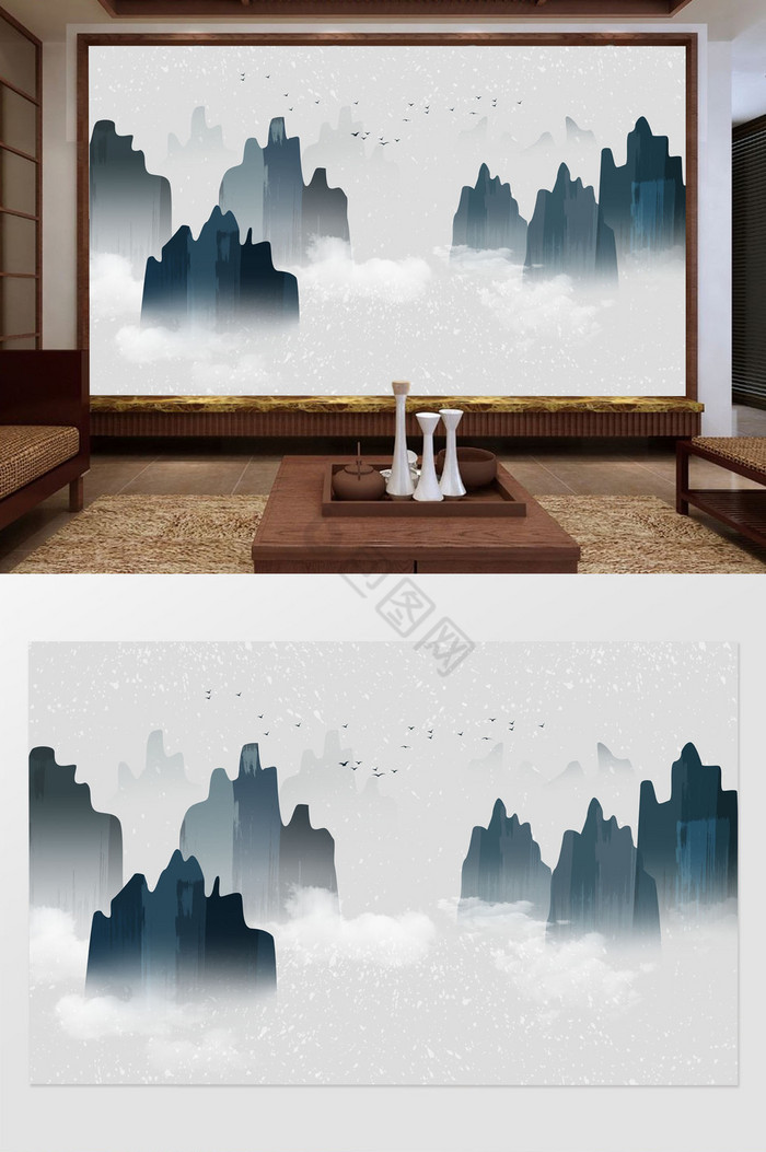 新中式简约大气意境山水画背景墙图片