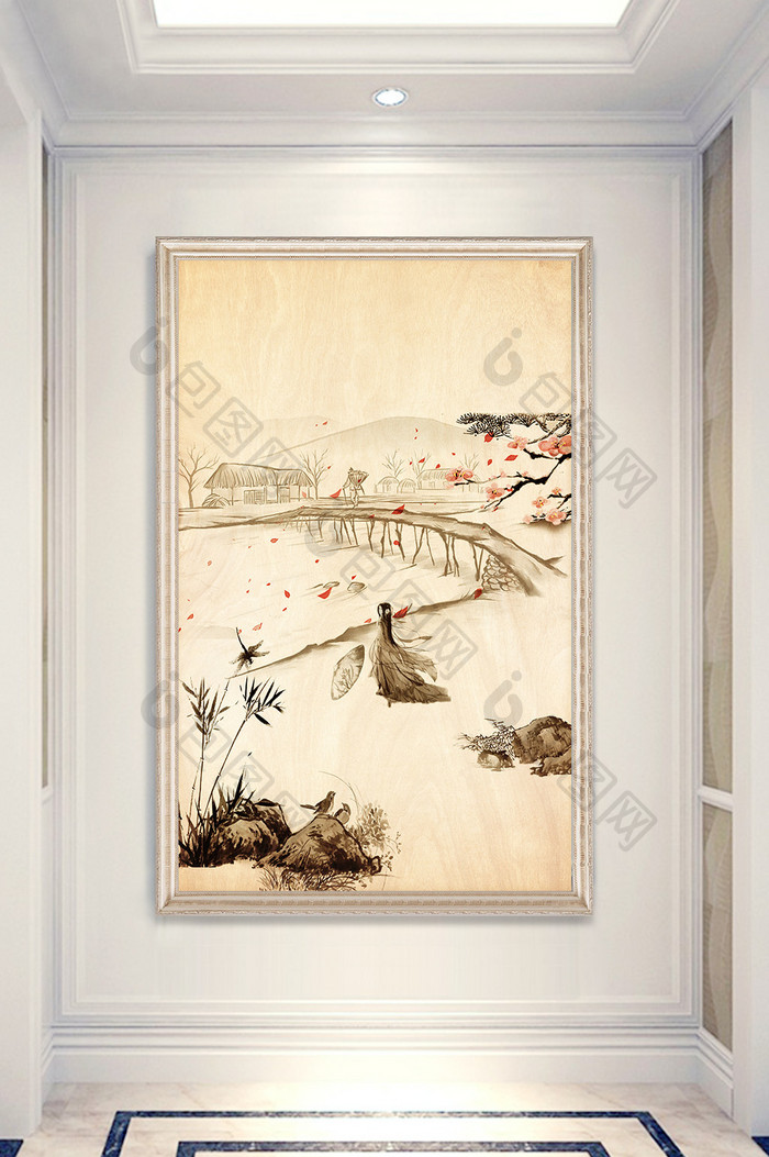 新中式诗意小桥流水人家美女纸伞玄关画装饰
