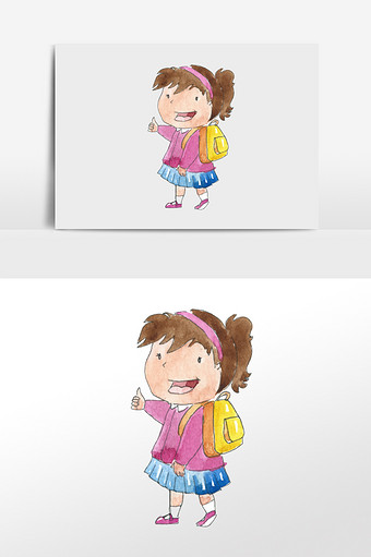 卡通水彩女孩学生教育插画元素图片