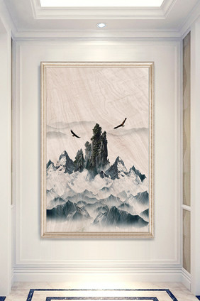 新中式诗意高峰山顶浓雾雄鹰展翅玄关画装饰