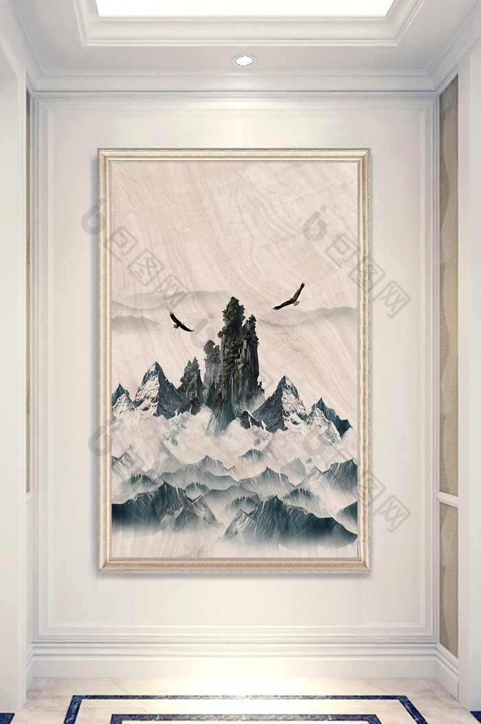 新中式诗意高峰山顶浓雾雄鹰展翅玄关画装饰