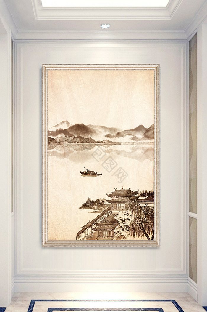 新中式诗意宫廷小舟远山倒影玄关画装饰定制图片