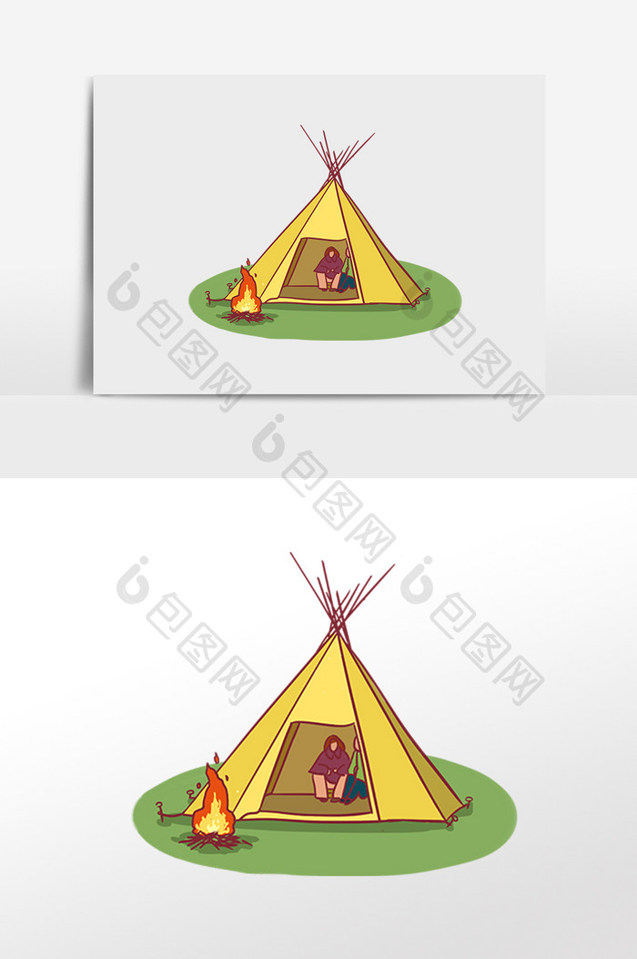 卡通野营帐篷篝火插画元素