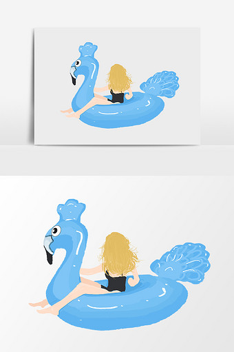 卡通蓝色火烈鸟游泳圈美女图片