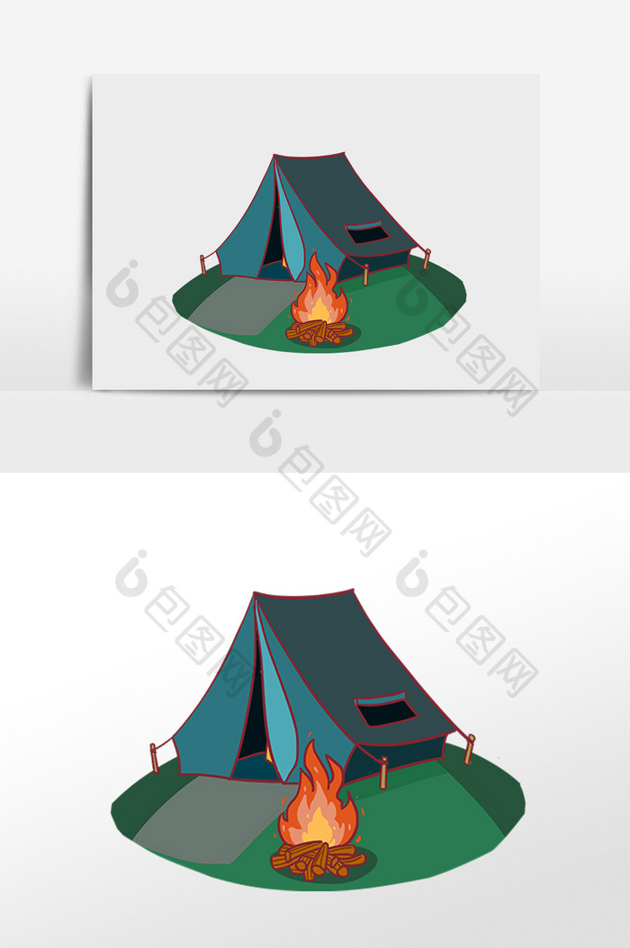 手绘野营帐篷篝火插画元素